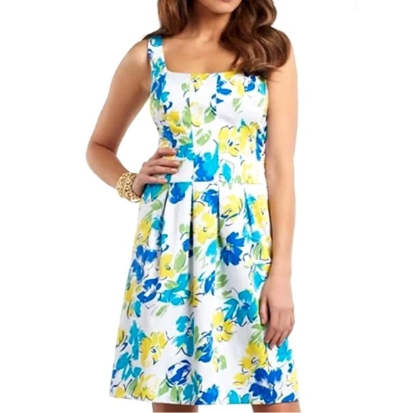 Chaps Dresses & Skirts - Chaps by Ralph Lauren Womens Designer Floral Watercolor Dress Blue Yellow White,